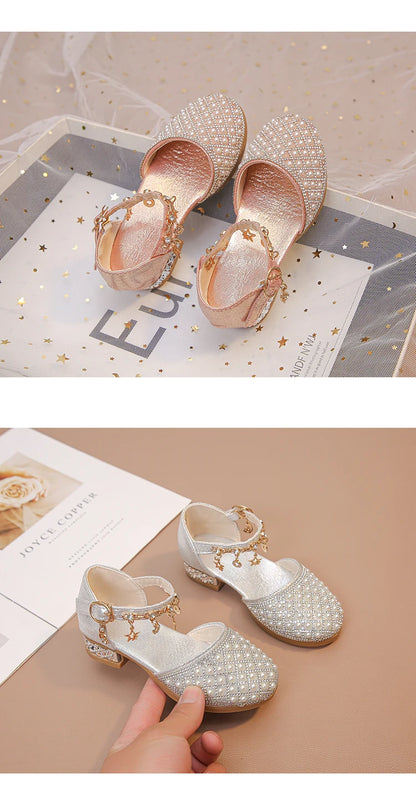 Girls High Heeled Shoes for Wedding Party Glitter Rhinestone Pendants Shiny Glitter Fashion Princess Kids Leather Dress Shoes