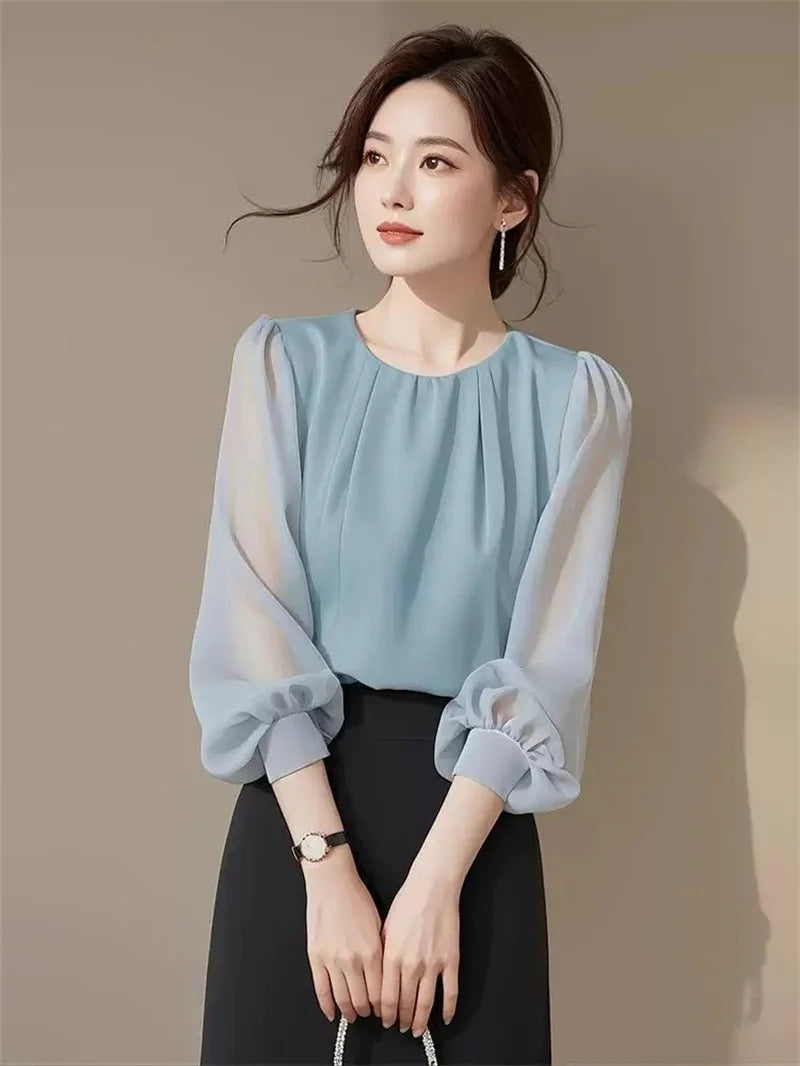Autumn Winter Ladies Solid Color Blouse Jacket 2025 Female Long Sleeves Tops Coat Korean Women Fashion Round Neck Chiffon Shirt