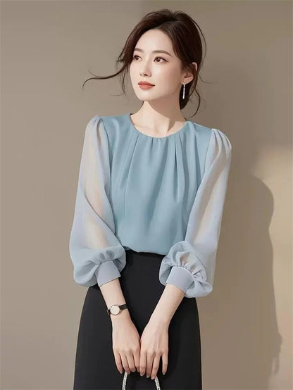 Autumn Winter Ladies Solid Color Blouse Jacket 2025 Female Long Sleeves Tops Coat Korean Women Fashion Round Neck Chiffon Shirt