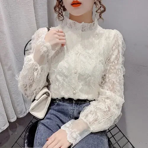 Blouse Women Shirt Lace Long Sleeve Women's Clothing Spring Lantern Sleeve Stand Collar Cardigan Top Blusas Mujer De Moda