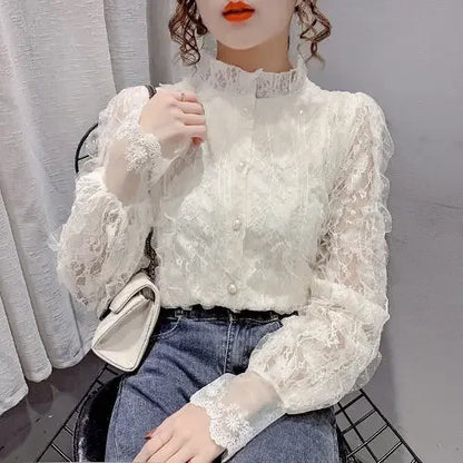 Blouse Women Shirt Lace Long Sleeve Women's Clothing Spring Lantern Sleeve Stand Collar Cardigan Top Blusas Mujer De Moda