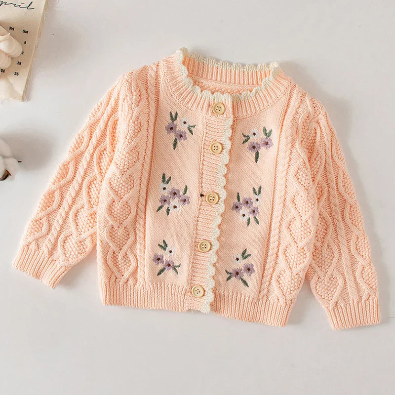 Winter Spring Baby Knitted Clothing Long Sleeved Floral Embroidery Knitting Coat Newborn Baby Girls Knitting Cardigan Sweater (Available)