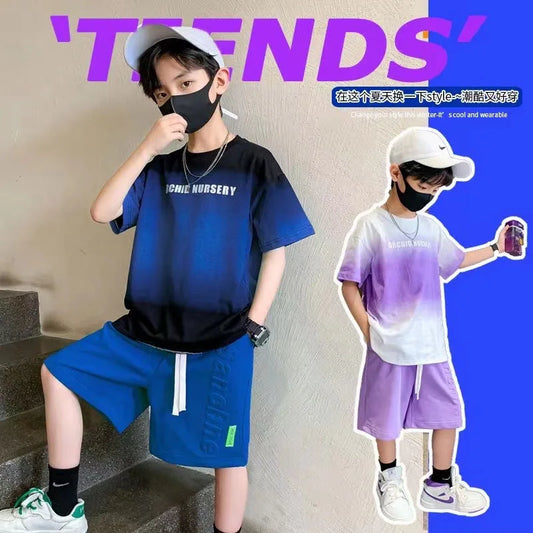 Children's Boy Clothes Set Summer Gradient Letter T-shirts and Shorts Suit Teenage Short Sleeve Top Bottom 2 Pieces Tracksuit