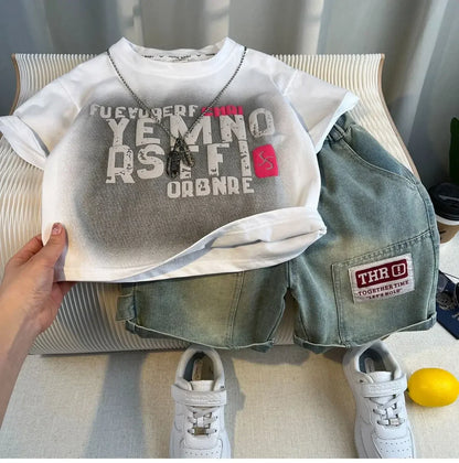 Hot Sale Fashion Baby Boy Suit Summer Clothes Short Sleeve T-shirt Short Jeans 2 Piece Set Kids Outfit Children's Costume