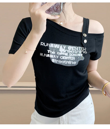Sexy oulder Bared T irt Women's ort Sve Asymmetrical Collar Faionable Slimming Top Korean Sle Cotton Blend Summe...