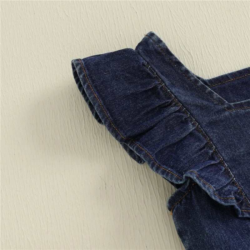 Baby Girls Summer Outfits Fly Sleeves Denim Tank Tops and Elastic Denim Shorts with Belt Set Fashion Children Kids Clothes