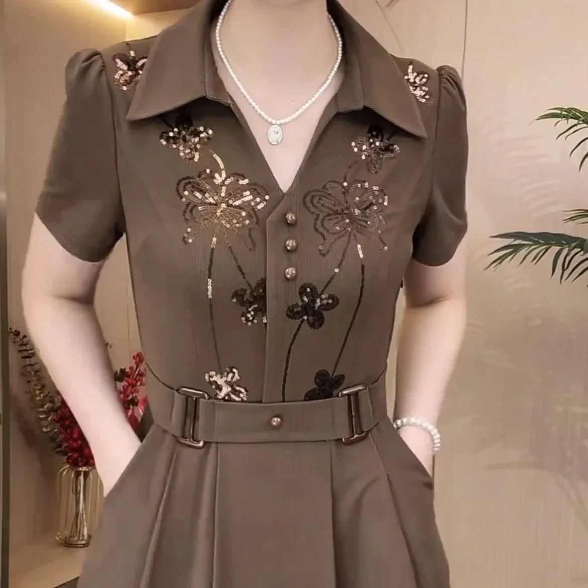 Women Western Style Dress Summer Spring New Fashion High-end Sequin Long Dresses Middle Aged Mother Elegant Slim Vestidos Mujer (Available)
