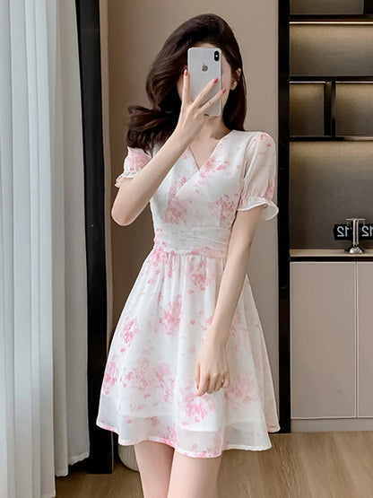 Floral Print A-Line Chiffon Dr Women's Summer 2026 New Sle Slimming ort Dr V-Ne Princ Sve Waist-Cinched