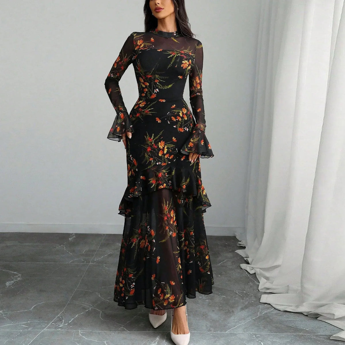 Women's Evening Gown Clothing Vintage Floral Print Maxi Dresses Spring Autumn Long Sheer Sleeve Ruffled Hem Elegant Party Dress (Available)