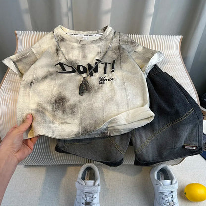 New Boys Fashion Summer Cotton Letter Printing T-shirts+Graffiti Denim Shorts 2pcs Set Kids Korean Outfits Sets Children Clothes