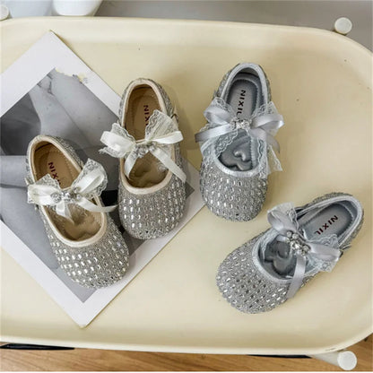 Children Shoes For Girls Leather Bow Rhinestone Princess Shoes Soft Sole Outdoor Fashion Kids Sneakers EU 26-33