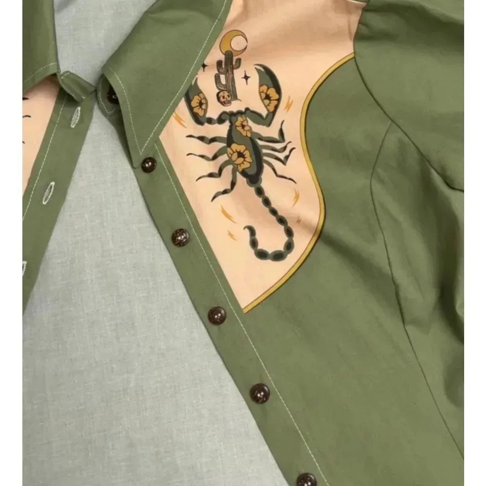 Women's Western Shirt Dress with Music Notes and Dolphin Print Cowboy Collar Button Up Pure Cotton Midi Dress Casual Boho Style