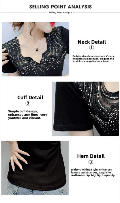 Sexy Hollow out V-Ne Rhinestone ort Sve T-irt Women Summer New Lace Me Top Trendy Anti-Aging Versatile Small irt