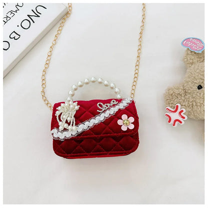 Sweet Bow Children's Small Square Shoulder Bag Sequin Lace Princess Girls Crossbody Bags Pearl Handle Coin Purse Handbags Gifts