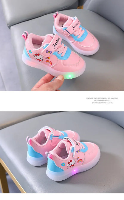 Spring Autumn Baby Girls Hello Kitty Led Light Shoes Children's Sneakers Toddler Anti-slip Walking Shoes Girls Outdoor Shoes