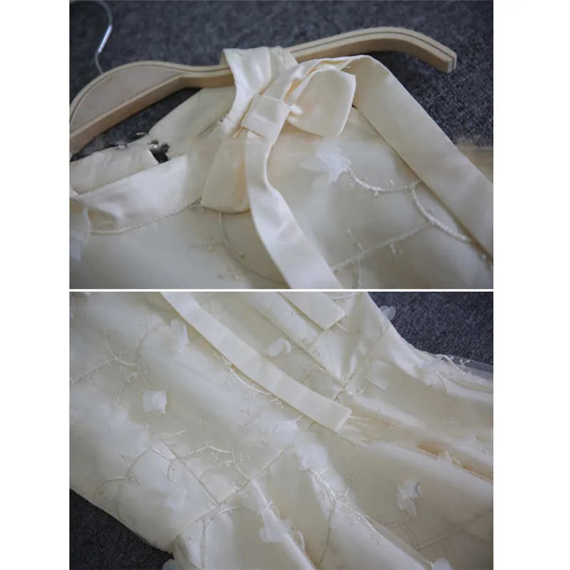 Elegant Floral Jacquard Embroidery Party Dress New Summer Women Tie Bow Mesh Dress Lady High Waist Short Sleeveless Tank Dresses
