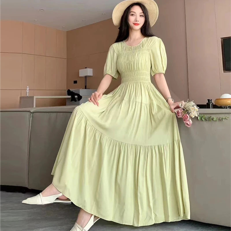 Summer New Cotton Silk Dr Casual High Waist Floral Print Beachwear Outerwear Slimming Waist Long Skirt A-Line Gown