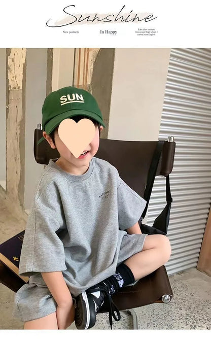 Summer Casual Boys Cotton Loose Alphabet T-shirt Tops+Short Pants Set School Kids Tracksuit Children 2-Piece Outfit Suit 2-14Yrs