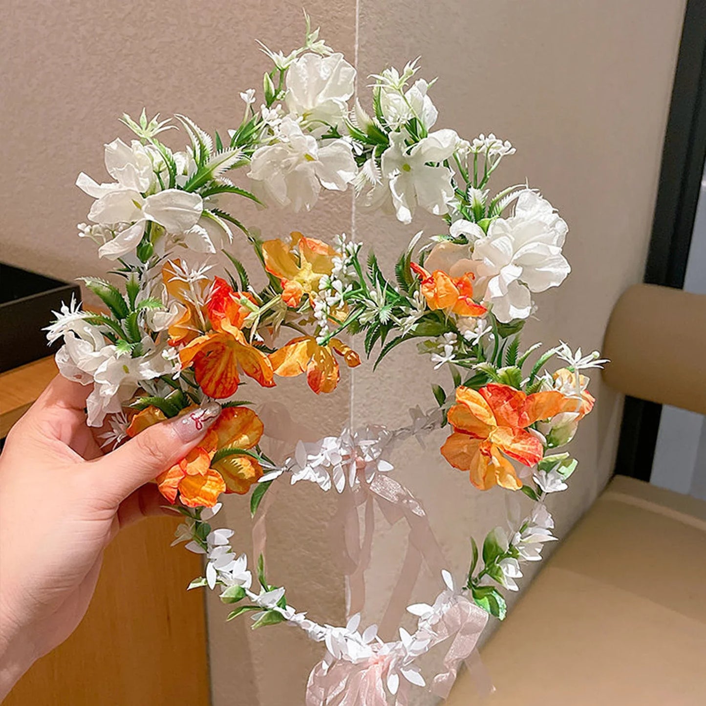 Boho Women's Flower Crown Forest Elf Fairy Floral Hair Hoop Handmade Simulation Ribbon Flower Headband Exquisite Hair Accessory