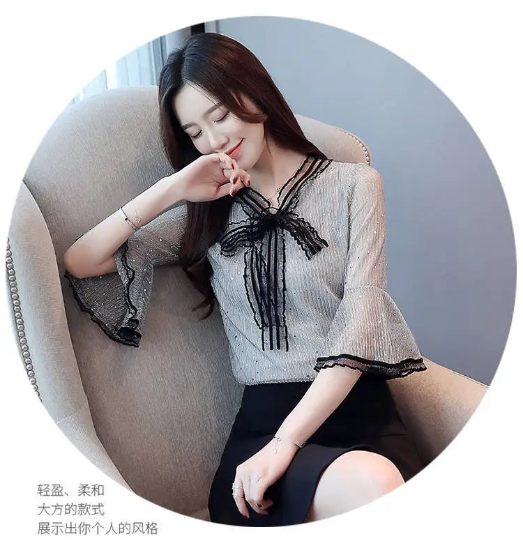 Chiffon Base Shirt with Mid Sleeves Versatile New Spring Sweet and Fashionable Korean Women's Top