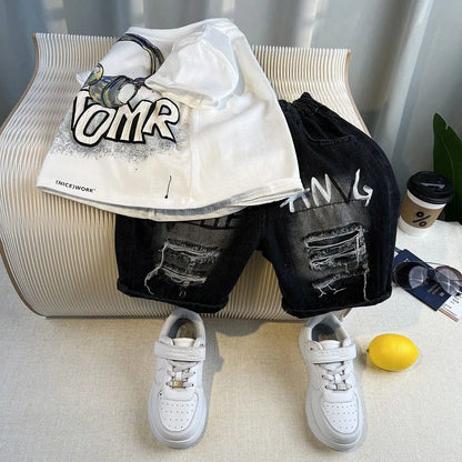 Korean Boys Summer Children's Top and Bottom 2PC Sets Short Sleeve T-Shirt & Denim Shorts Kids Clothes 1-7 Years Black Toddler