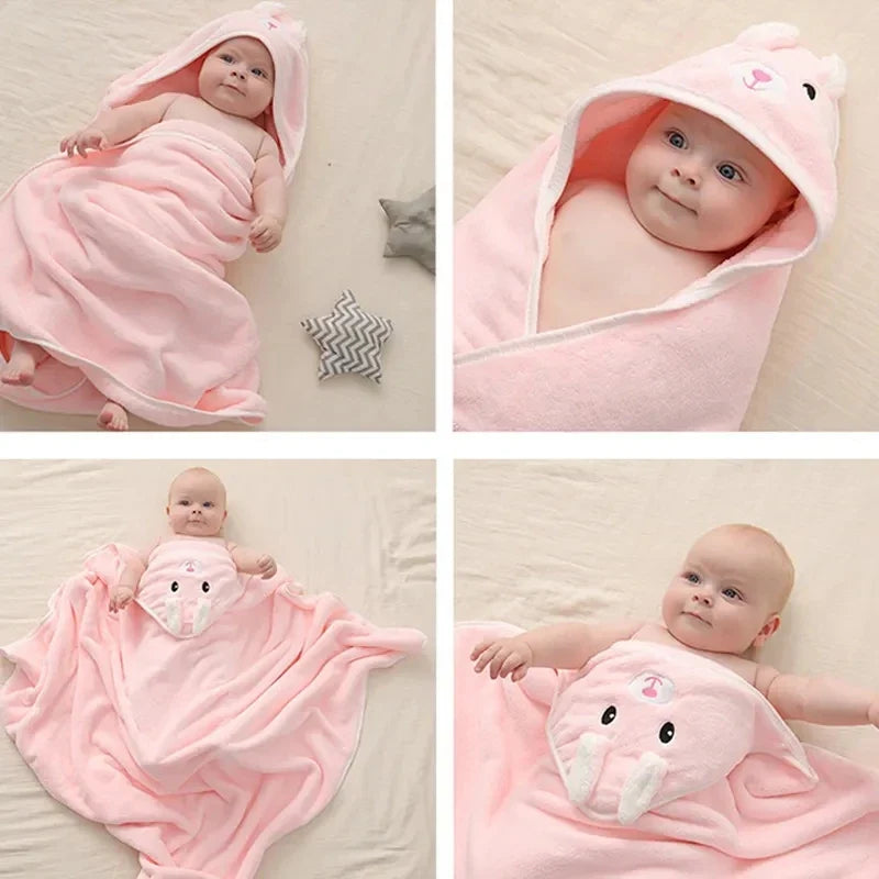 0-3 Years Unisex Baby Bathrobe Flannel Cape Cartoon Boys Girls Hooded Bathrobe Newborn Shower Gift Wrap Swaddling Bath Towel (Available)