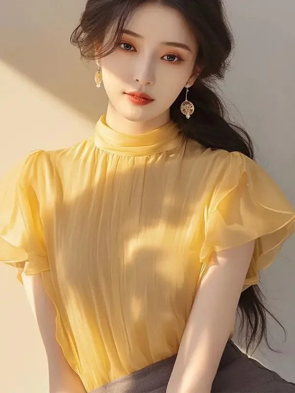 Short-sleeved Top for Women in Summer Fashionable Shirt French Style Unique and Beautiful Age-reducing Mint Green Chiffon Shirt