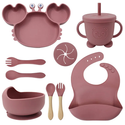 Baby Feeding Set 9PCS Silicone Crab Bowl Plate Spoon Fork Toddler Tableware Kids Dish Infant Utensils