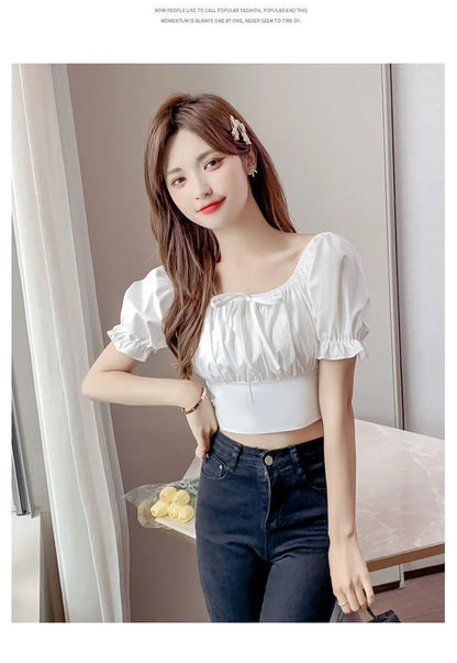 Summer New Fashion Temperament Women Bubble Sleeve Square Collar Shirt Design Sense Of Small Sweet Halter Short Sleeve Top