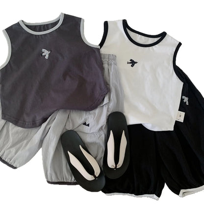 Baby Boys Summer Vest Sets Bird Embroidery Top+Elastic Waist Short Kids Boys Two-piece Suit Loose Thin Toddler Boys Sport Sets