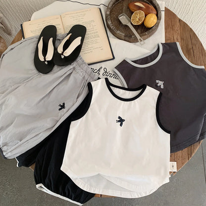 Baby Boys Summer Vest Sets Bird Embroidery Top+Elastic Waist Short Kids Boys Two-piece Suit Loose Thin Toddler Boys Sport Sets