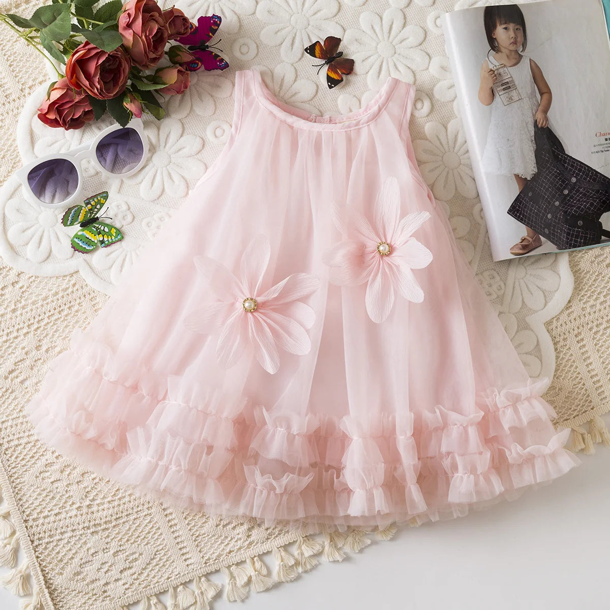 Girl Party Dress Summer New Sleeveless Solid Color Baby Girl Clothing Mesh Pleated Edges 3d Flowers Girl Costume