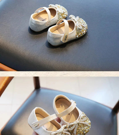 Bling Sequine Flats Shoes For Kids Princess Gold Silver Bowtie Dress Shoes For Toddler Girls Spring Autumn Causal Baby Walkers