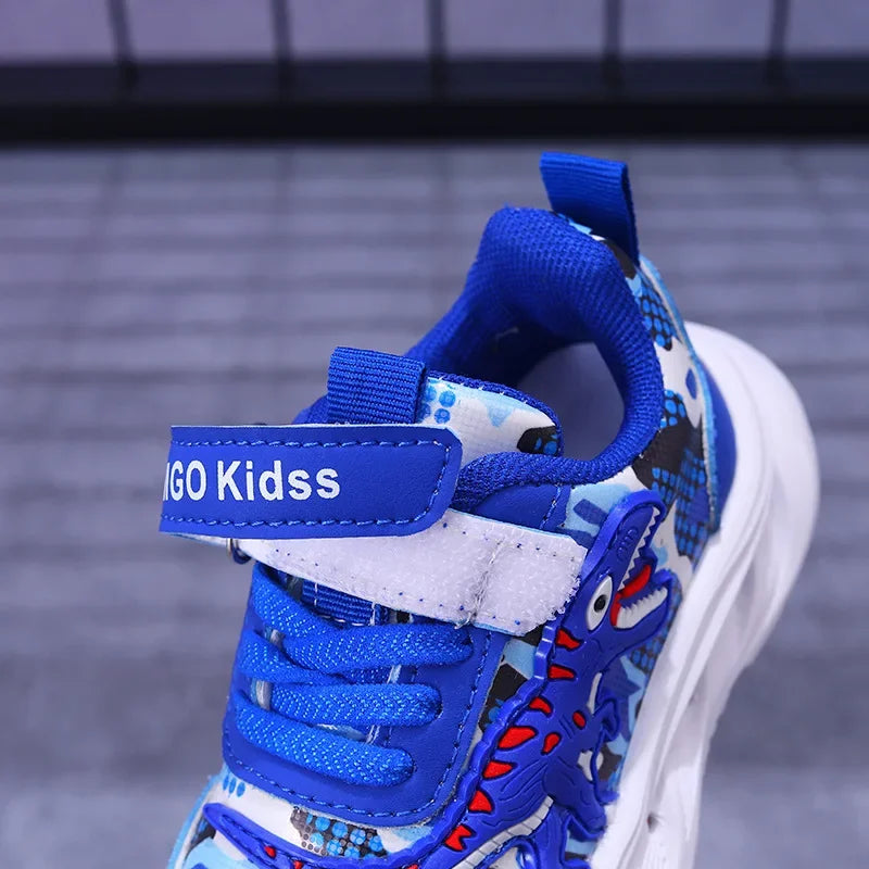 Spring New Children's Sports Shoes Cartoon Dinosaur Children's LED Light Shoes Soft Sole Boys' Causal Sneakers 2-6 Years Old