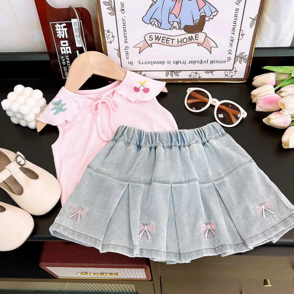Children's Clothing Sets Cartoon Embroidered Lapel Sleeveless Top + Bow Embroidered Denim Skirt 2pcs Baby Girl Outfit Set (Available)