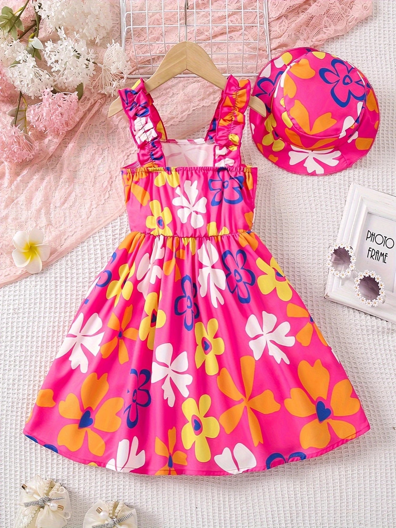 Summer fashion dress for girls, floral print pattern, ruffled camisole dress+hat