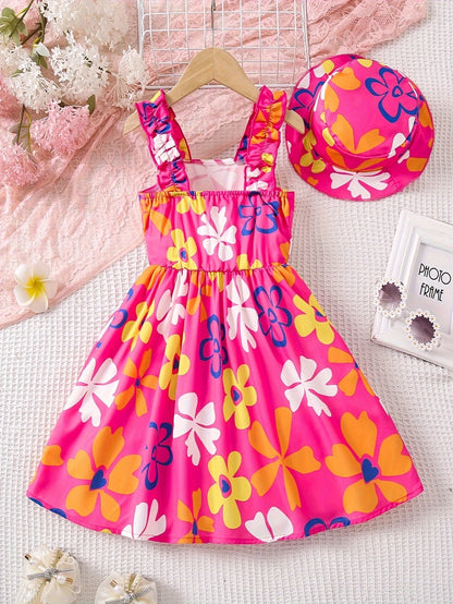 Summer fashion dress for girls, floral print pattern, ruffled camisole dress+hat