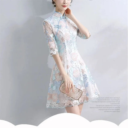 Spring Autumn Female Cheongsam Style Long Dresses Women Half Sleeve Lmproved Maxi Dress 2025 Ladies Fashion Solid Color Vestidos