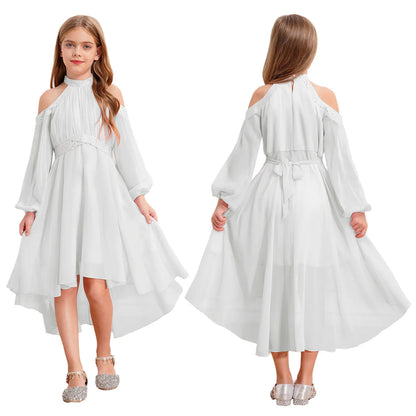 Kids Girls Elegant Party Dress Halter Off-shoulder High Waist Ruffled Chiffon Dresses Wedding Birthday Pageant Evening Prom Gown