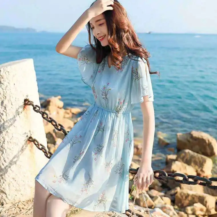 Sweet V-Neck Printing Shirring Bow Chiffon Floral Dress Female Clothing Summer New Loose Butterfly Sleeve Princess Dress