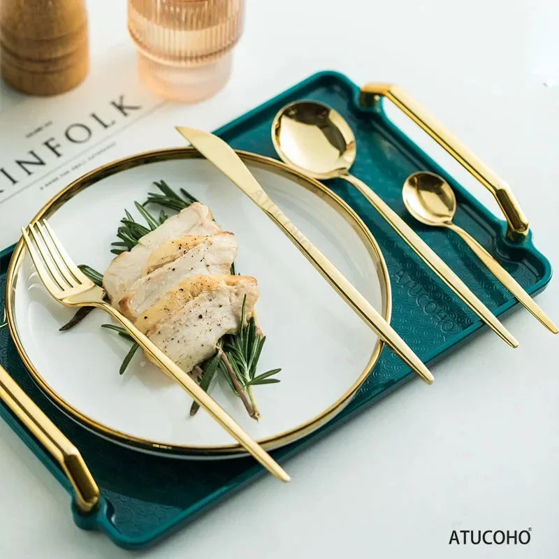 24PCS Cutlery Set Stainless Knife Fork Spoon Flatware Tableware Set Gold Gift Box Portable Dinnerware Dishwasher Kitchenware