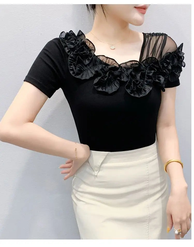 Faionable Floral Lace Ear ort Sve Slimming Me oulder Bared T-Shirt Women's Casual Sle Polyester Fabric Tee irt