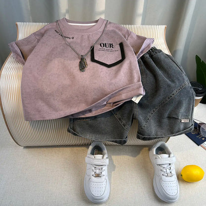 Korean Boys Summer Children's Top and Bottom 2PC Sets Short Sleeve T-Shirt & Denim Shorts Kids Clothes 1-7 Years Black Toddler