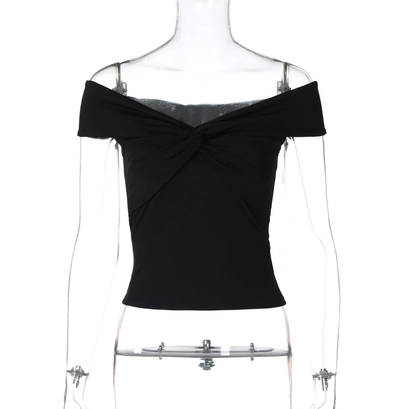 Faionable Pure Color Knot Fold over One oulder ort Crop Top T-irt Street Sle Slim Fit Polyester Summer New Arrival