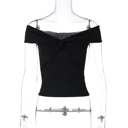Faionable Pure Color Knot Fold over One oulder ort Crop Top T-irt Street Sle Slim Fit Polyester Summer New Arrival