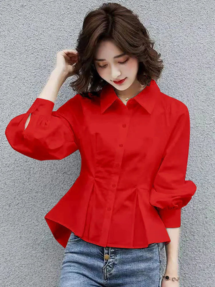 Stylish Lapel Button Spliced All-match Folds Lantern Sleeve Shirt Women's Clothing 2022 Autumn New Casual Tops Loose Chic Blouse
