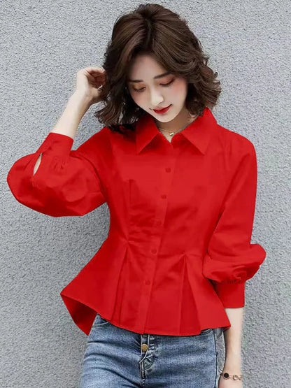 Stylish Lapel Button Spliced All-match Folds Lantern Sleeve Shirt Women's Clothing 2022 Autumn New Casual Tops Loose Chic Blouse