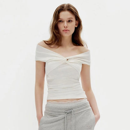 Faionable Pure Color Knot Fold over One oulder ort Crop Top T-irt Street Sle Slim Fit Polyester Summer New Arrival
