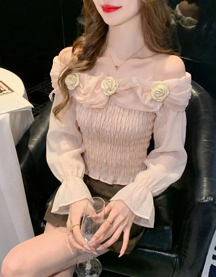 Sweet oulder One-oulder 3D Flower Bell Sve Women's irt Spring New Sle Waist Cinching Beautiful Top Ci Walk ort...