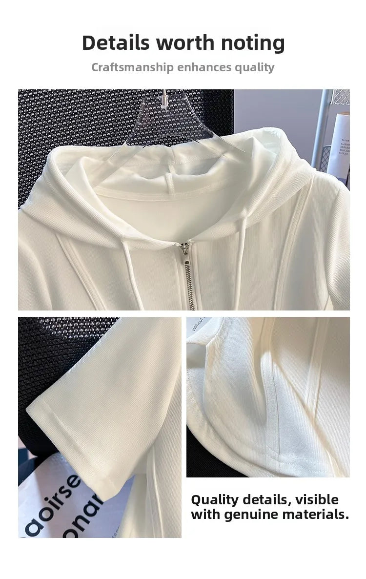 Summer New Women's Zipper Hoodie ort Sve T-irt Pure Cotton Slim Fit ort Fibone Top Korean Sle Commute Faion